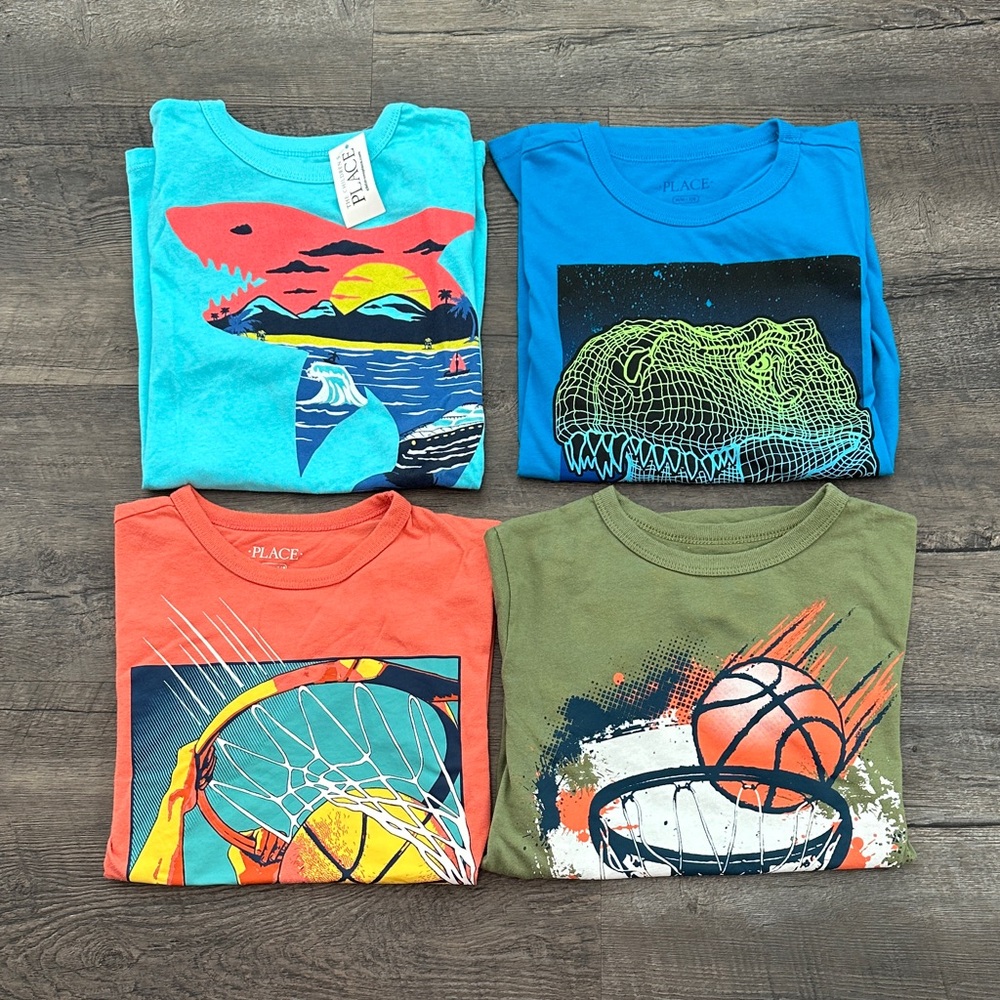Children's Place BUNDLE (4) Boy's Medium 7/8‎ Shark/Dino/Basketball Graphic Tees